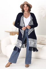 Amos Cardigan - Open Front Cardigan with Tassel Hem in Navy