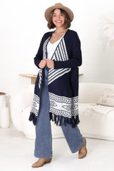 Amos Cardigan - Open Front Cardigan with Tassel Hem in Navy