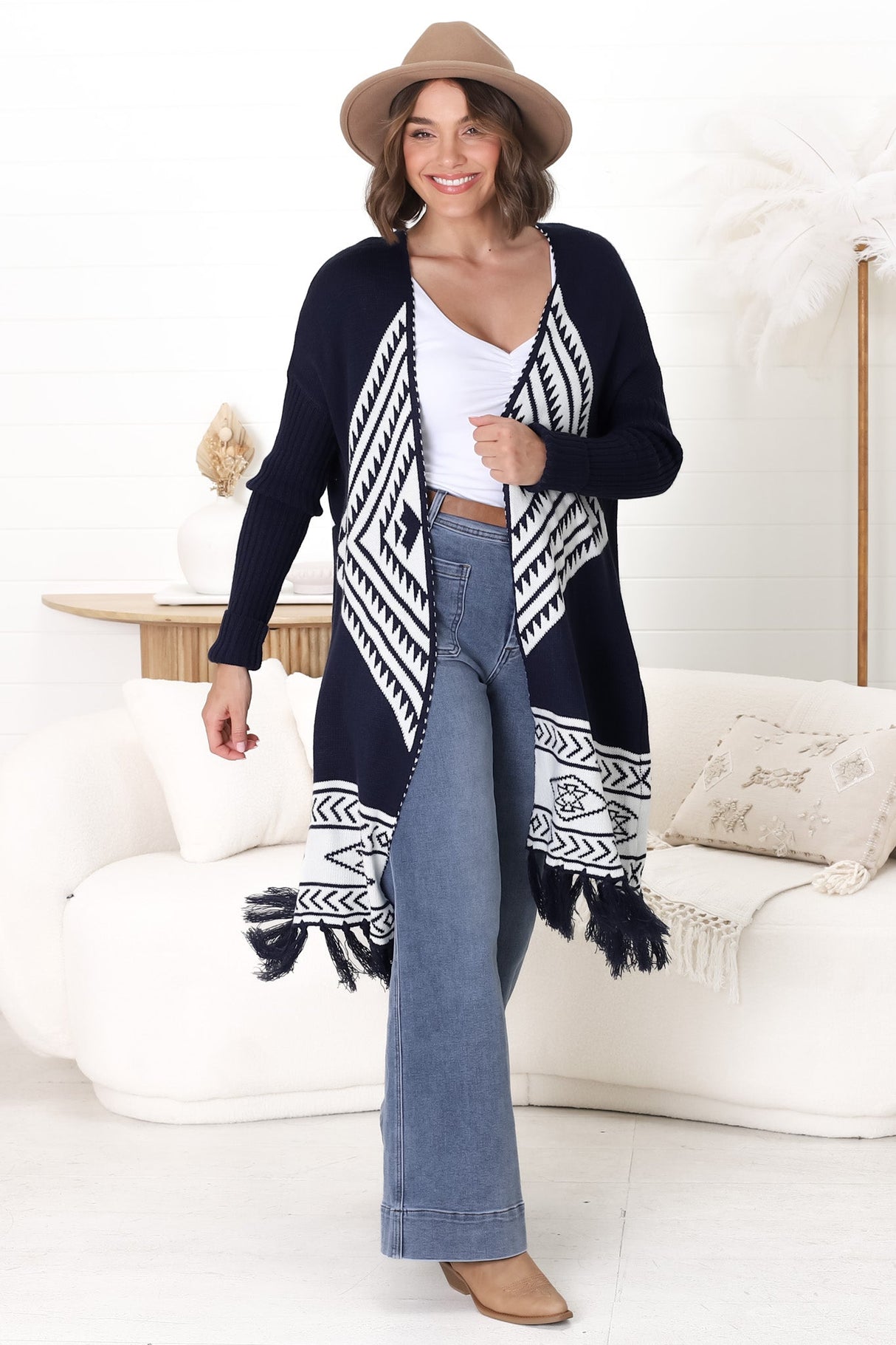 Amos Cardigan - Open Front Cardigan with Tassel Hem in Navy