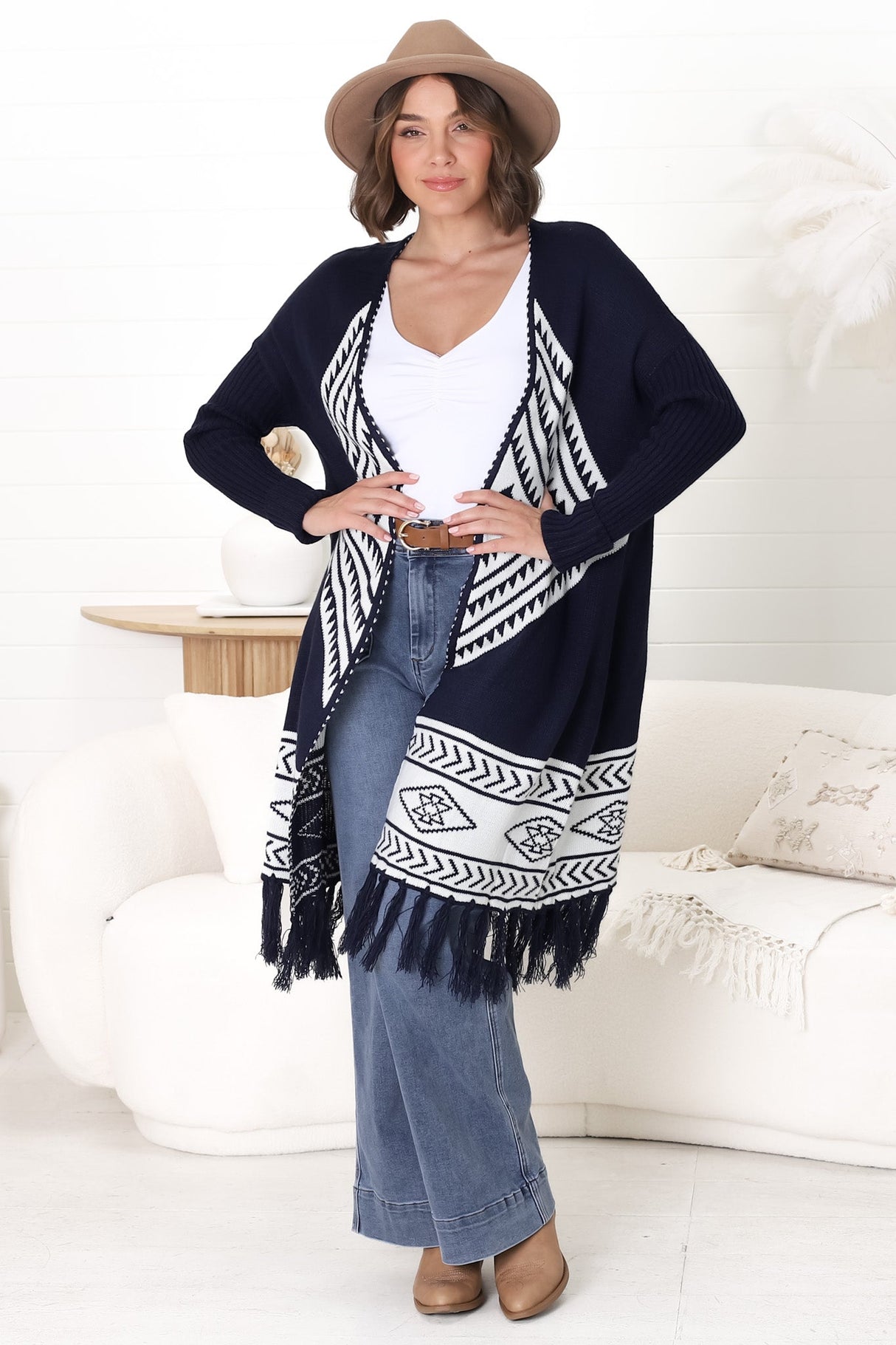 Amos Cardigan - Open Front Cardigan with Tassel Hem in Navy