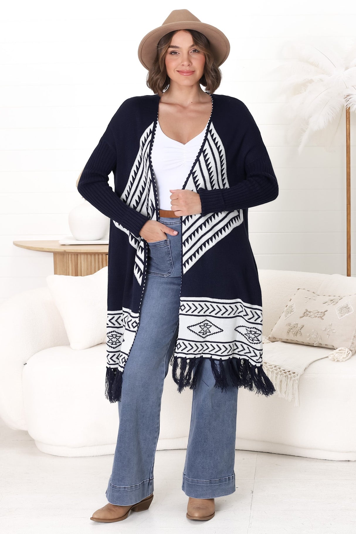 Amos Cardigan - Open Front Cardigan with Tassel Hem in Navy