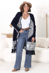 Amos Cardigan - Open Front Cardigan with Tassel Hem in Navy