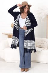 Amos Cardigan - Open Front Cardigan with Tassel Hem in Navy