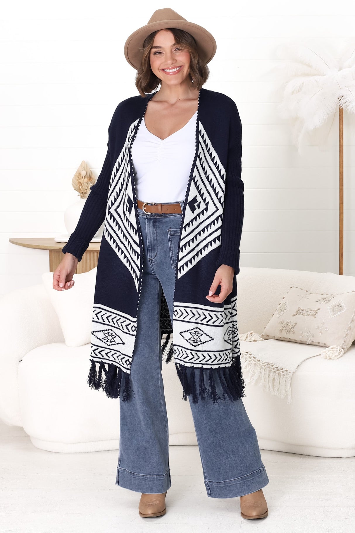 Amos Cardigan - Open Front Cardigan with Tassel Hem in Navy