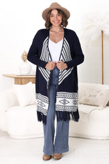 Amos Cardigan - Open Front Cardigan with Tassel Hem in Navy