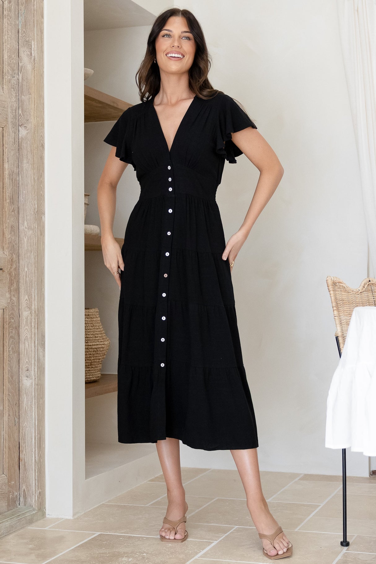 Amy Midi Dress - Flutter Cap Sleeve Buttoned Down V Neck Dress in Black