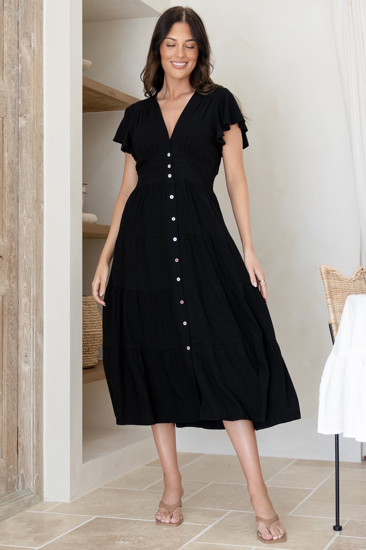 Amy Midi Dress - Flutter Cap Sleeve Buttoned Down V Neck Dress in Black
