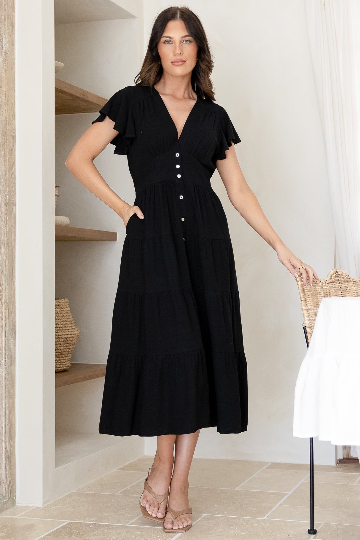 Amy Midi Dress - Flutter Cap Sleeve Buttoned Down V Neck Dress in Black