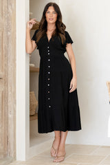 Amy Midi Dress - Flutter Cap Sleeve Buttoned Down V Neck Dress in Black