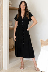 Amy Midi Dress - Flutter Cap Sleeve Buttoned Down V Neck Dress in Black