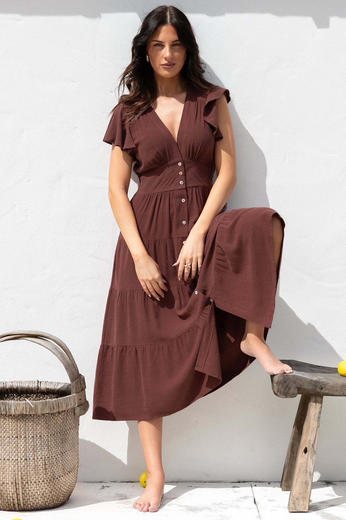 Amy Midi Dress - Flutter Cap Sleeve Buttoned Down V Neck Dress in Chocolate