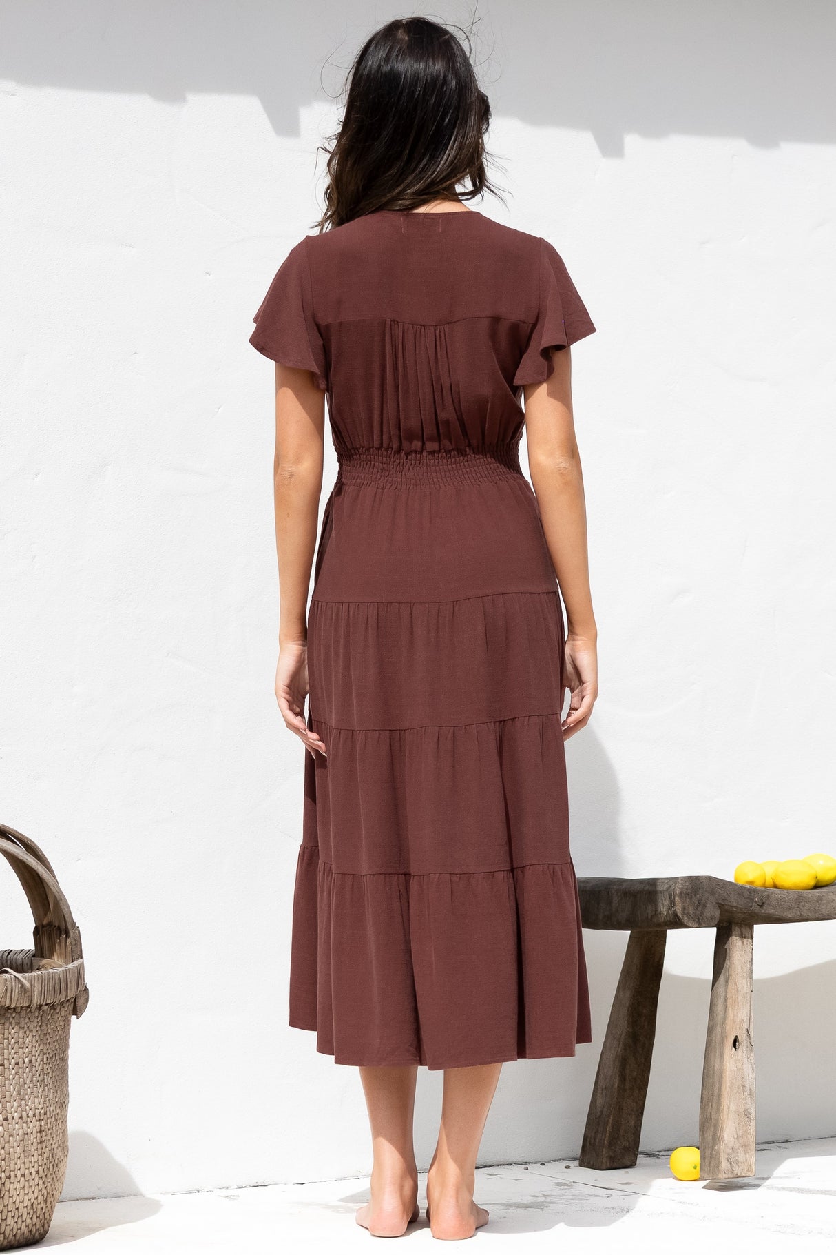 Amy Midi Dress - Flutter Cap Sleeve Buttoned Down V Neck Dress in Chocolate