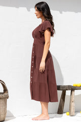 Amy Midi Dress - Flutter Cap Sleeve Buttoned Down V Neck Dress in Chocolate