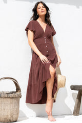 Amy Midi Dress - Flutter Cap Sleeve Buttoned Down V Neck Dress in Chocolate