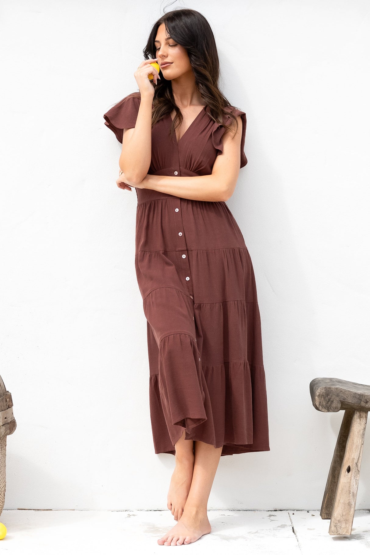 Amy Midi Dress - Flutter Cap Sleeve Buttoned Down V Neck Dress in Chocolate