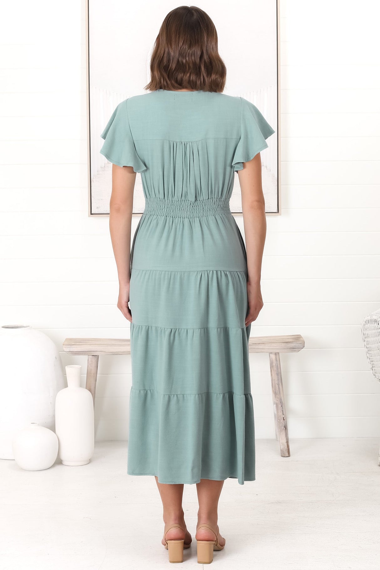 Amy Midi Dress - Flutter Cap Sleeve Buttoned Down V Neck Dress in Sage