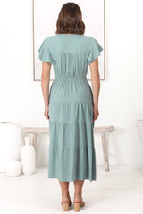 Amy Midi Dress - Flutter Cap Sleeve Buttoned Down V Neck Dress in Sage