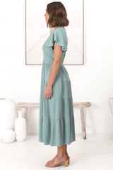 Amy Midi Dress - Flutter Cap Sleeve Buttoned Down V Neck Dress in Sage