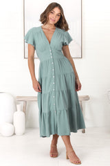 Amy Midi Dress - Flutter Cap Sleeve Buttoned Down V Neck Dress in Sage