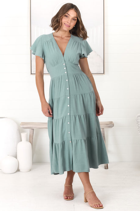 Amy Midi Dress - Flutter Cap Sleeve Buttoned Down V Neck Dress in Sage