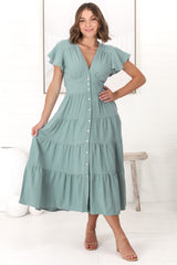 Amy Midi Dress - Flutter Cap Sleeve Buttoned Down V Neck Dress in Sage