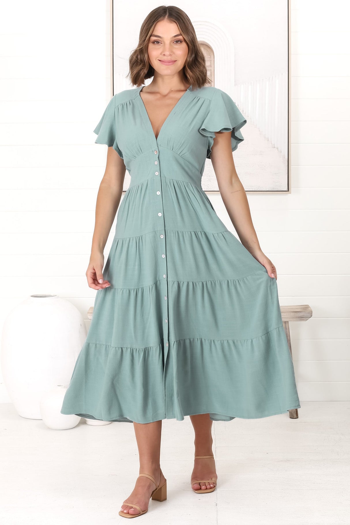 Amy Midi Dress - Flutter Cap Sleeve Buttoned Down V Neck Dress in Sage