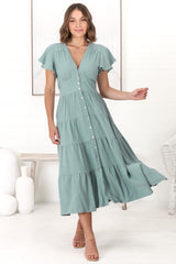 Amy Midi Dress - Flutter Cap Sleeve Buttoned Down V Neck Dress in Sage