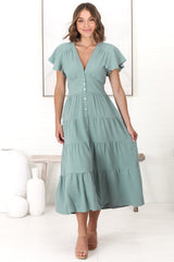 Amy Midi Dress - Flutter Cap Sleeve Buttoned Down V Neck Dress in Sage