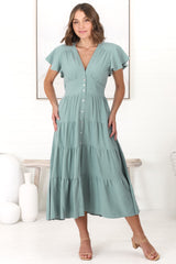 Amy Midi Dress - Flutter Cap Sleeve Buttoned Down V Neck Dress in Sage