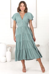 Amy Midi Dress - Flutter Cap Sleeve Buttoned Down V Neck Dress in Sage