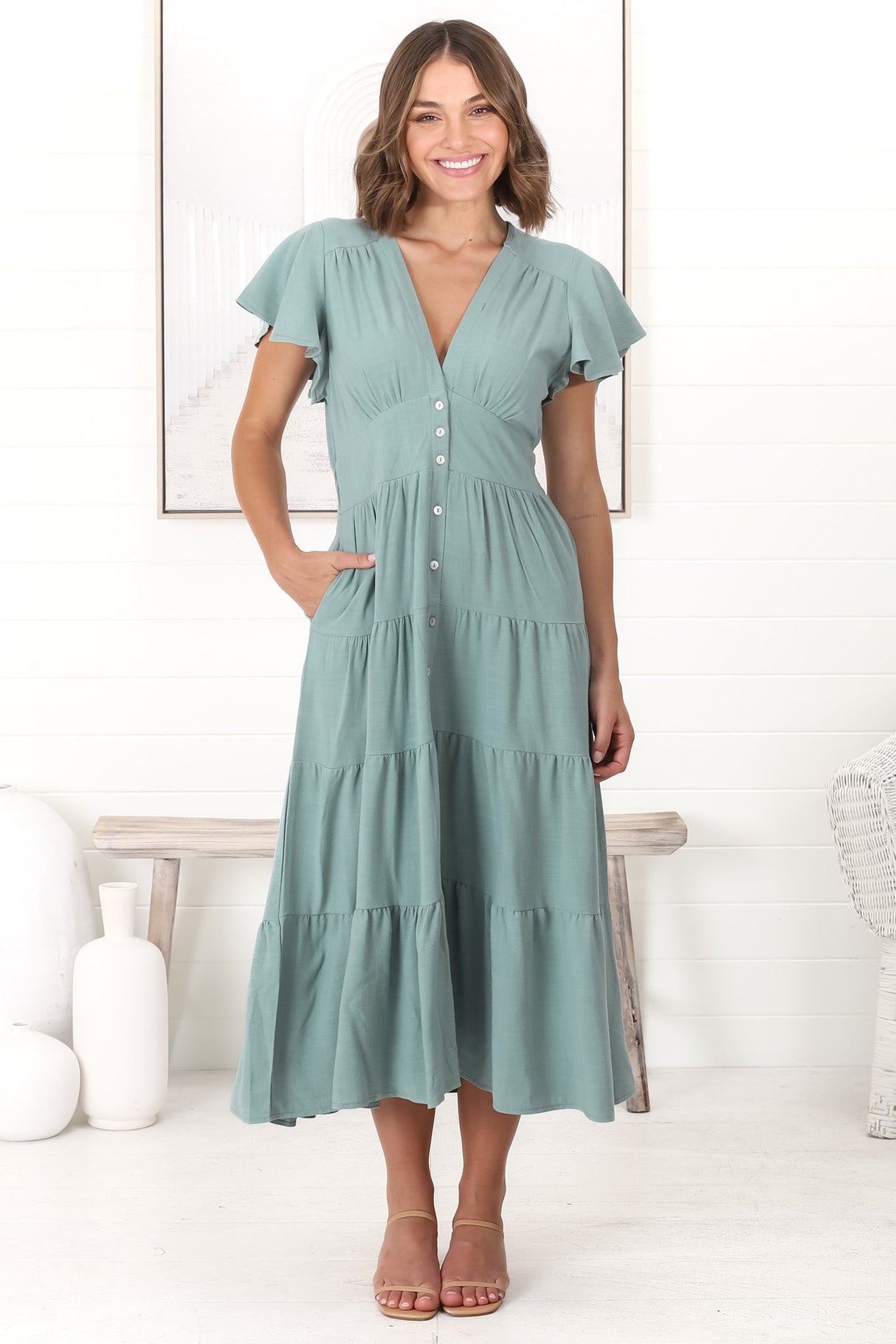 Amy Midi Dress - Flutter Cap Sleeve Buttoned Down V Neck Dress in Sage