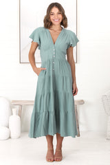 Amy Midi Dress - Flutter Cap Sleeve Buttoned Down V Neck Dress in Sage