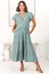 Amy Midi Dress - Flutter Cap Sleeve Buttoned Down V Neck Dress in Sage