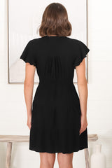 Amy Mini Dress - Frill Cap Sleeve Button Down V Neck Dress in Black