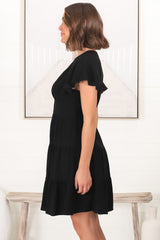 Amy Mini Dress - Frill Cap Sleeve Button Down V Neck Dress in Black