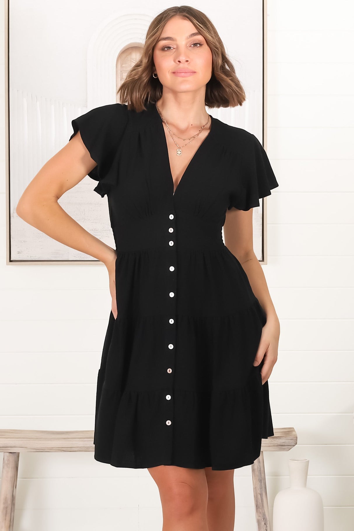 Amy Mini Dress - Frill Cap Sleeve Button Down V Neck Dress in Black