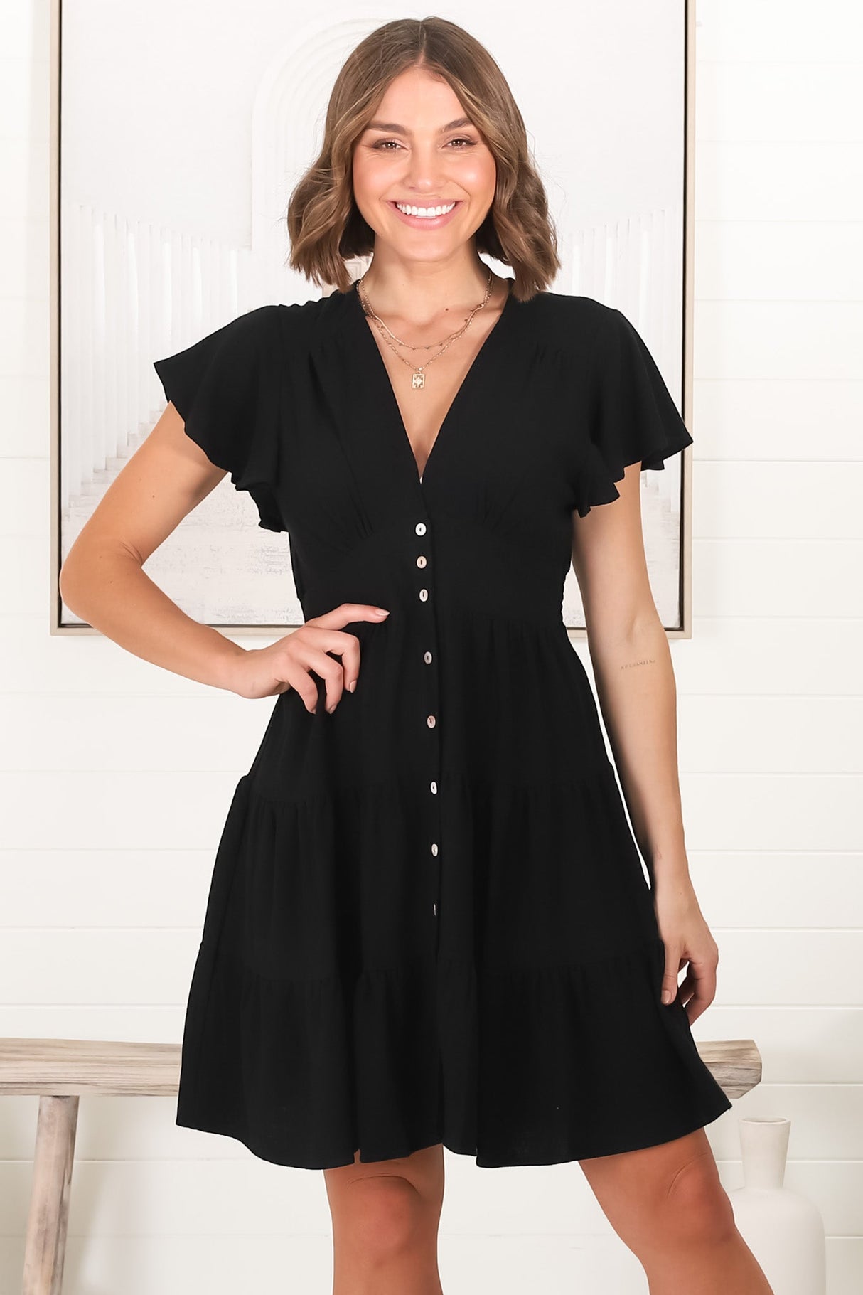 Amy Mini Dress - Frill Cap Sleeve Button Down V Neck Dress in Black