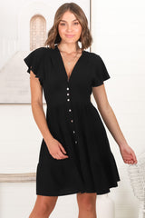 Amy Mini Dress - Frill Cap Sleeve Button Down V Neck Dress in Black