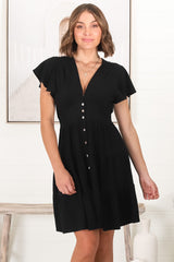 Amy Mini Dress - Frill Cap Sleeve Button Down V Neck Dress in Black