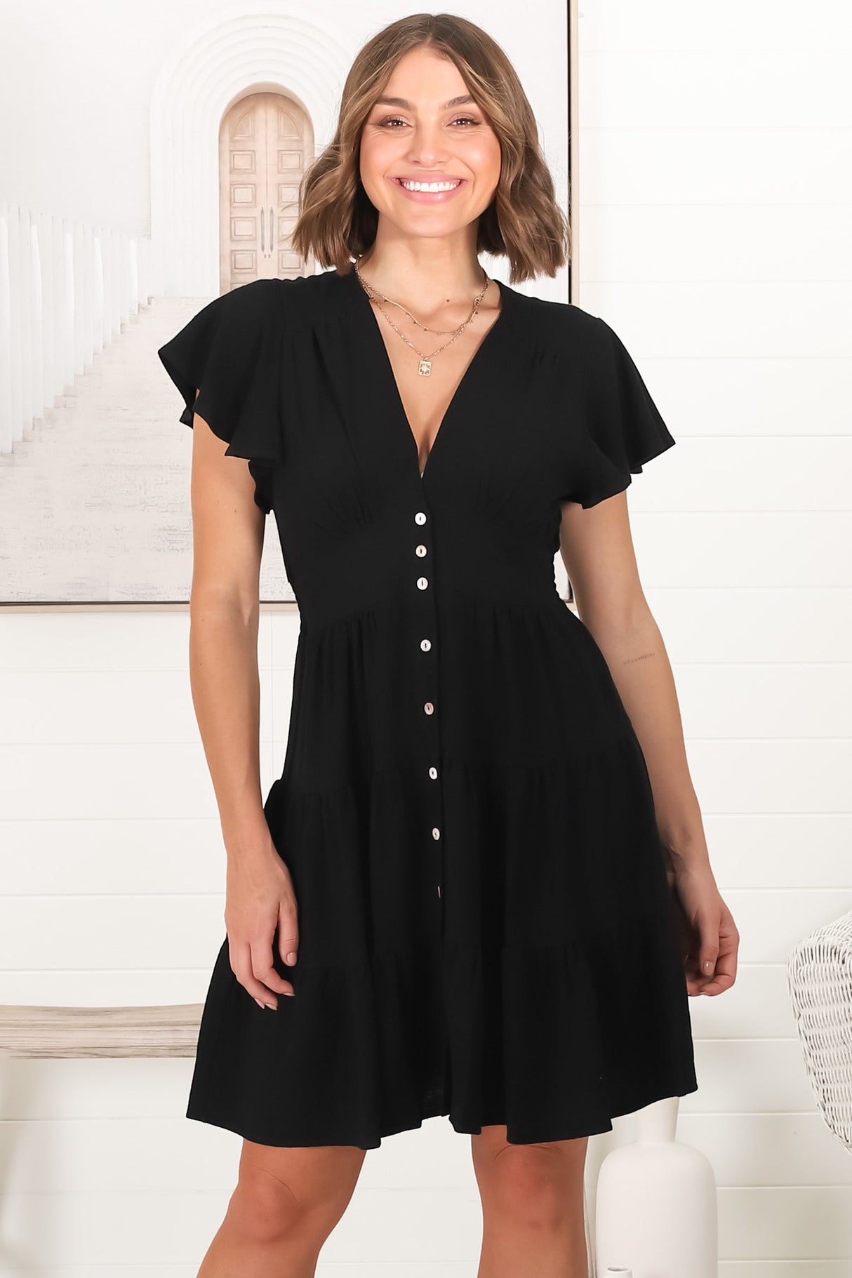 Amy Mini Dress - Frill Cap Sleeve Button Down V Neck Dress in Black