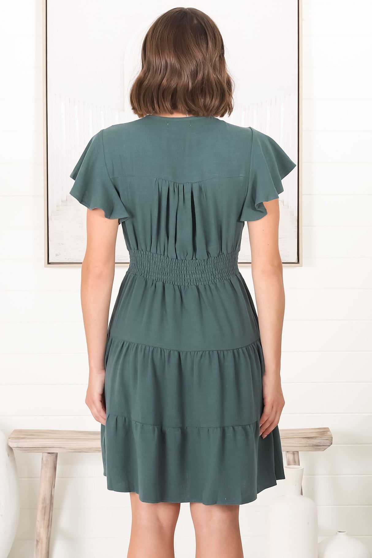 Amy Mini Dress - Frill Cap Sleeve Button Down V Neck Dress in Emerald