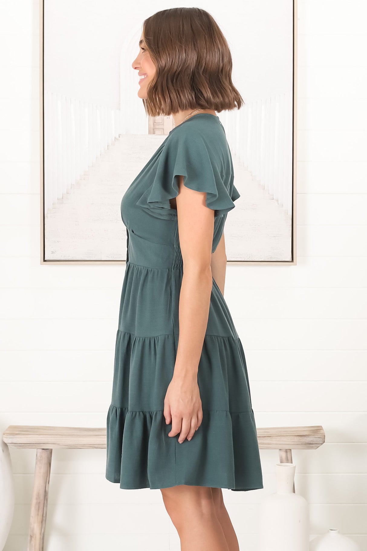 Amy Mini Dress - Frill Cap Sleeve Button Down V Neck Dress in Emerald