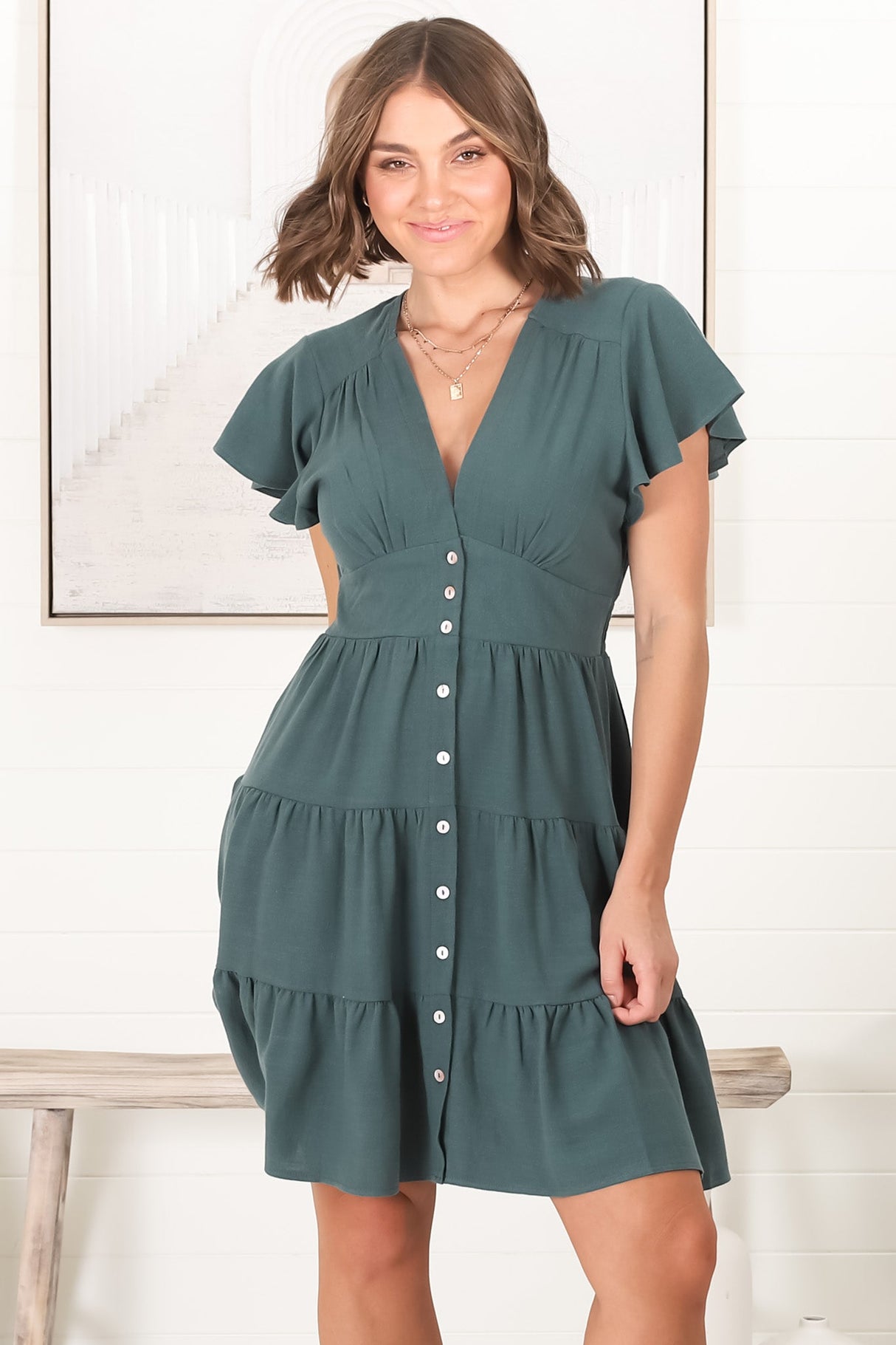 Amy Mini Dress - Frill Cap Sleeve Button Down V Neck Dress in Emerald