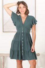 Amy Mini Dress - Frill Cap Sleeve Button Down V Neck Dress in Emerald