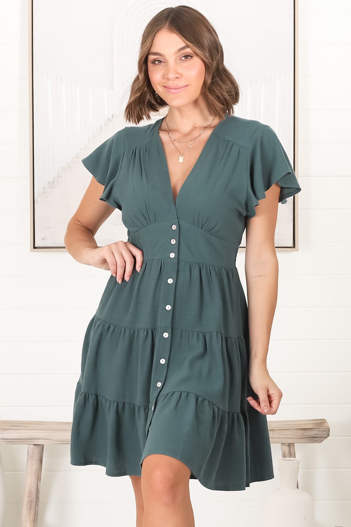 Amy Mini Dress - Frill Cap Sleeve Button Down V Neck Dress in Emerald