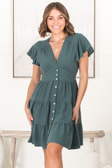 Amy Mini Dress - Frill Cap Sleeve Button Down V Neck Dress in Emerald