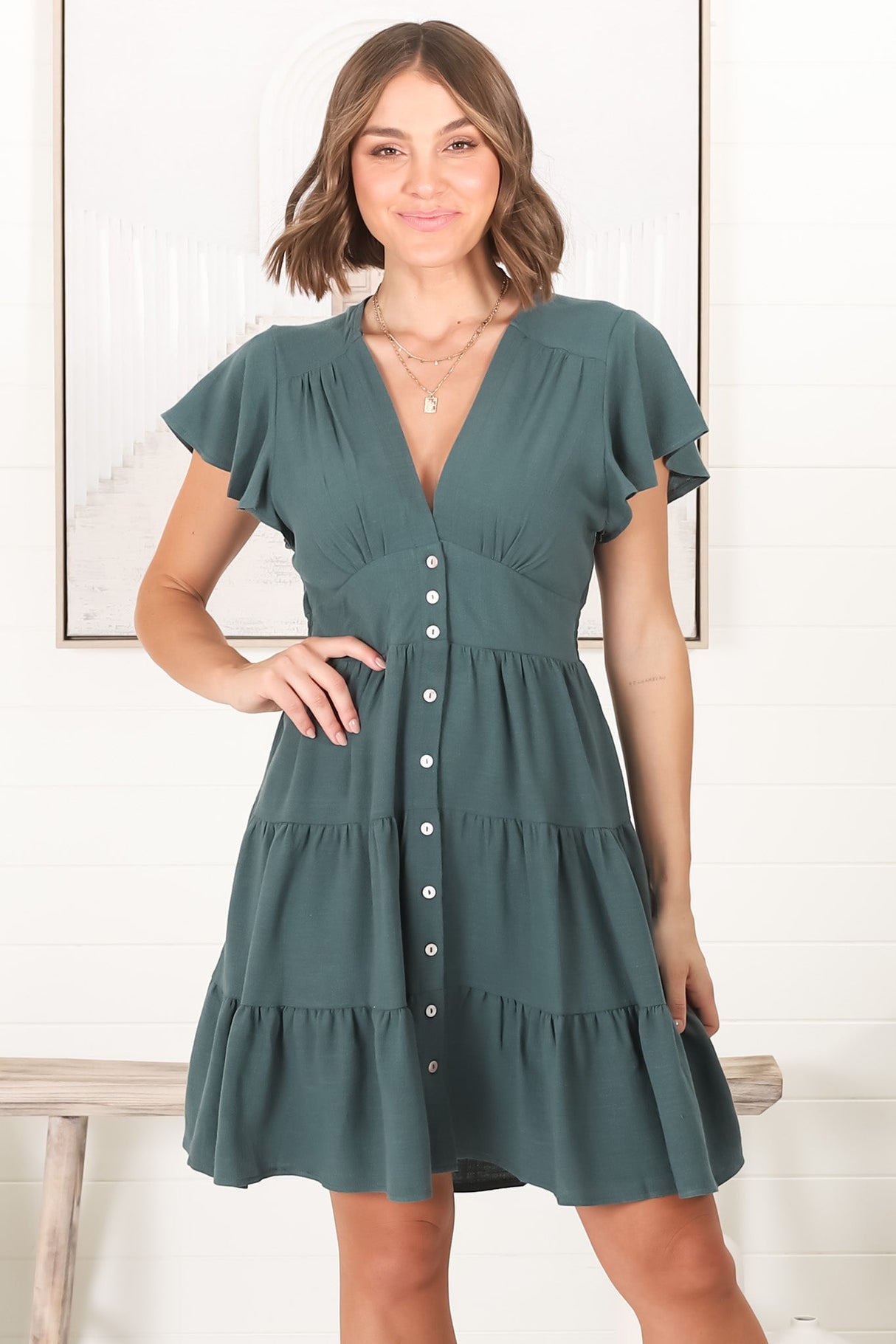 Amy Mini Dress - Frill Cap Sleeve Button Down V Neck Dress in Emerald