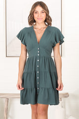 Amy Mini Dress - Frill Cap Sleeve Button Down V Neck Dress in Emerald