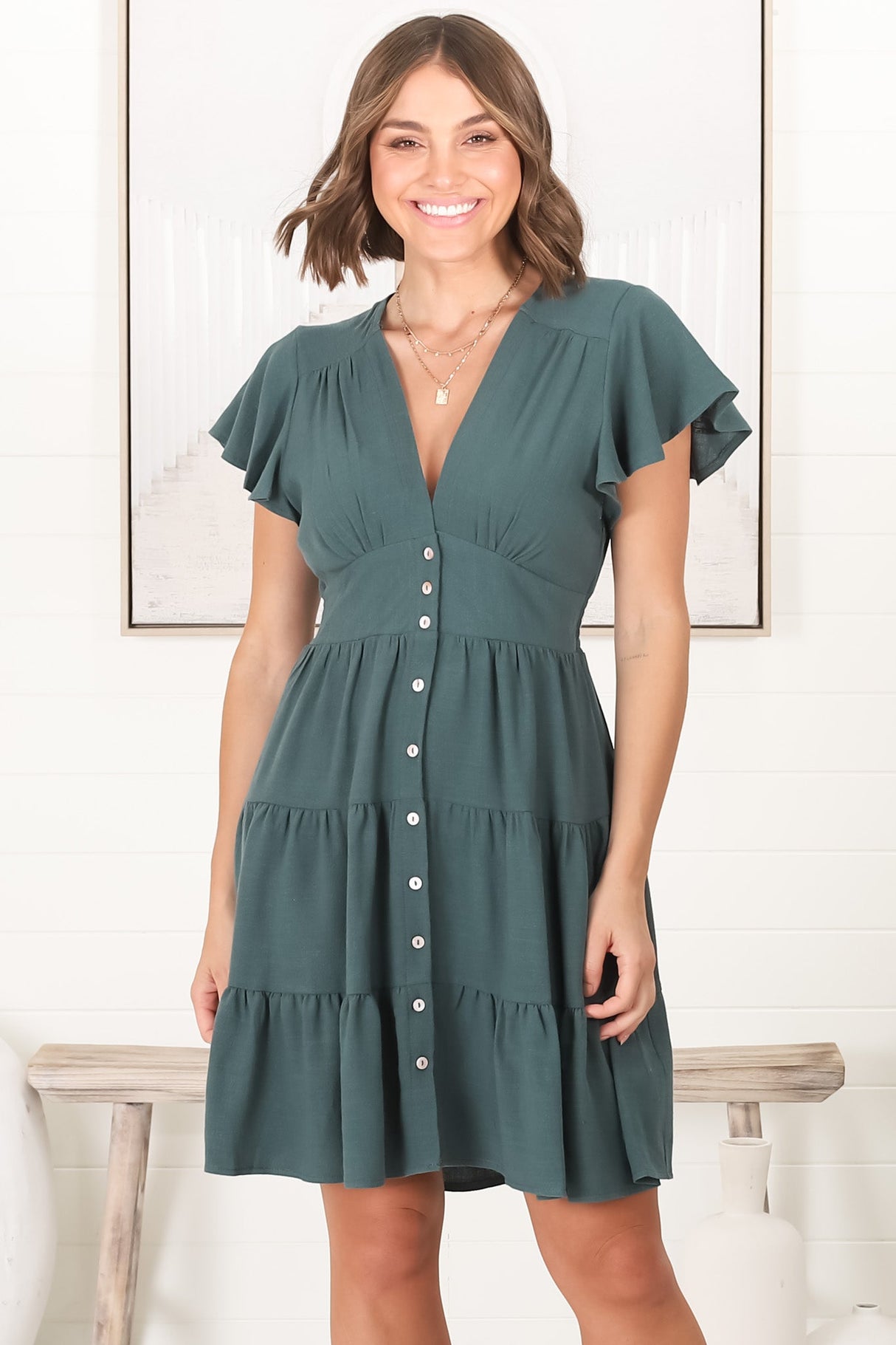 Amy Mini Dress - Frill Cap Sleeve Button Down V Neck Dress in Emerald