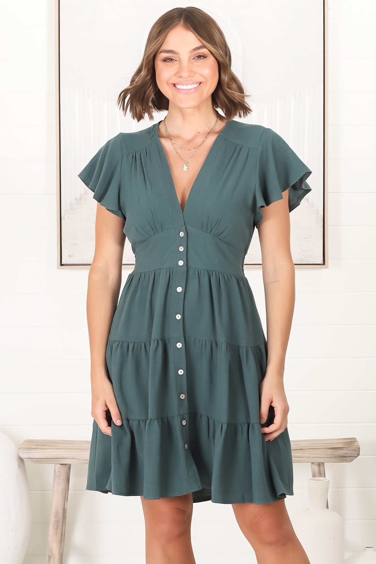 Amy Mini Dress - Frill Cap Sleeve Button Down V Neck Dress in Emerald